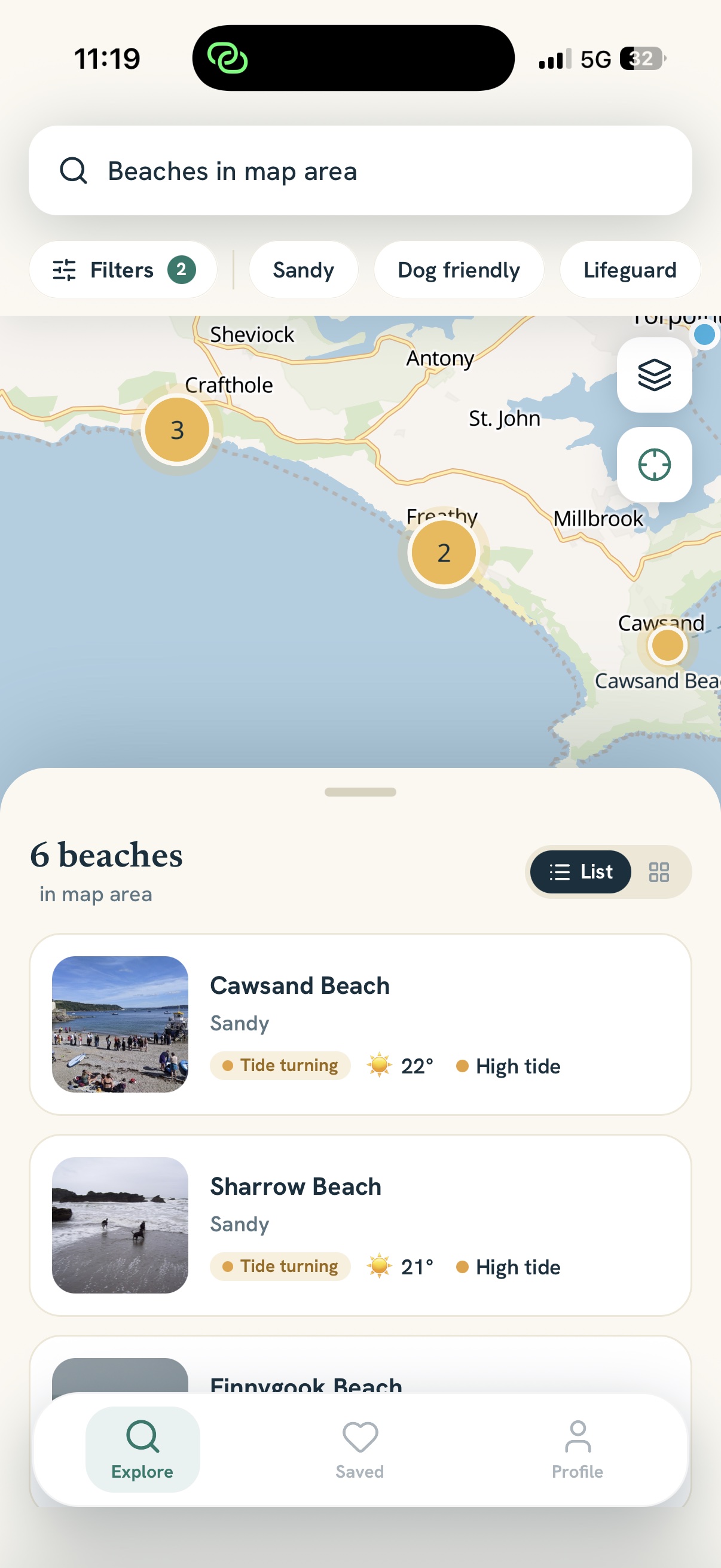 BeachGo iPhone app showing beaches around Plymouth on a map with beach cards and planning information